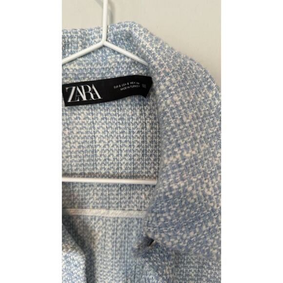 Zara Blue and White Tweed Cropped Long Sleeve Shacket Size Small 1752 - Picture 6 of 9
